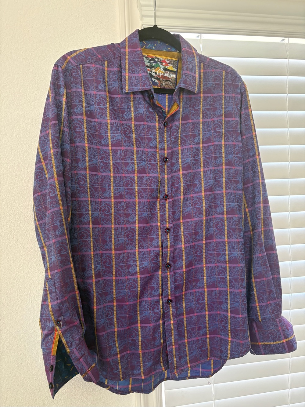 Robert Graham Purple Plaid Button-Down Shirt with Yellow Accents 100% cotton